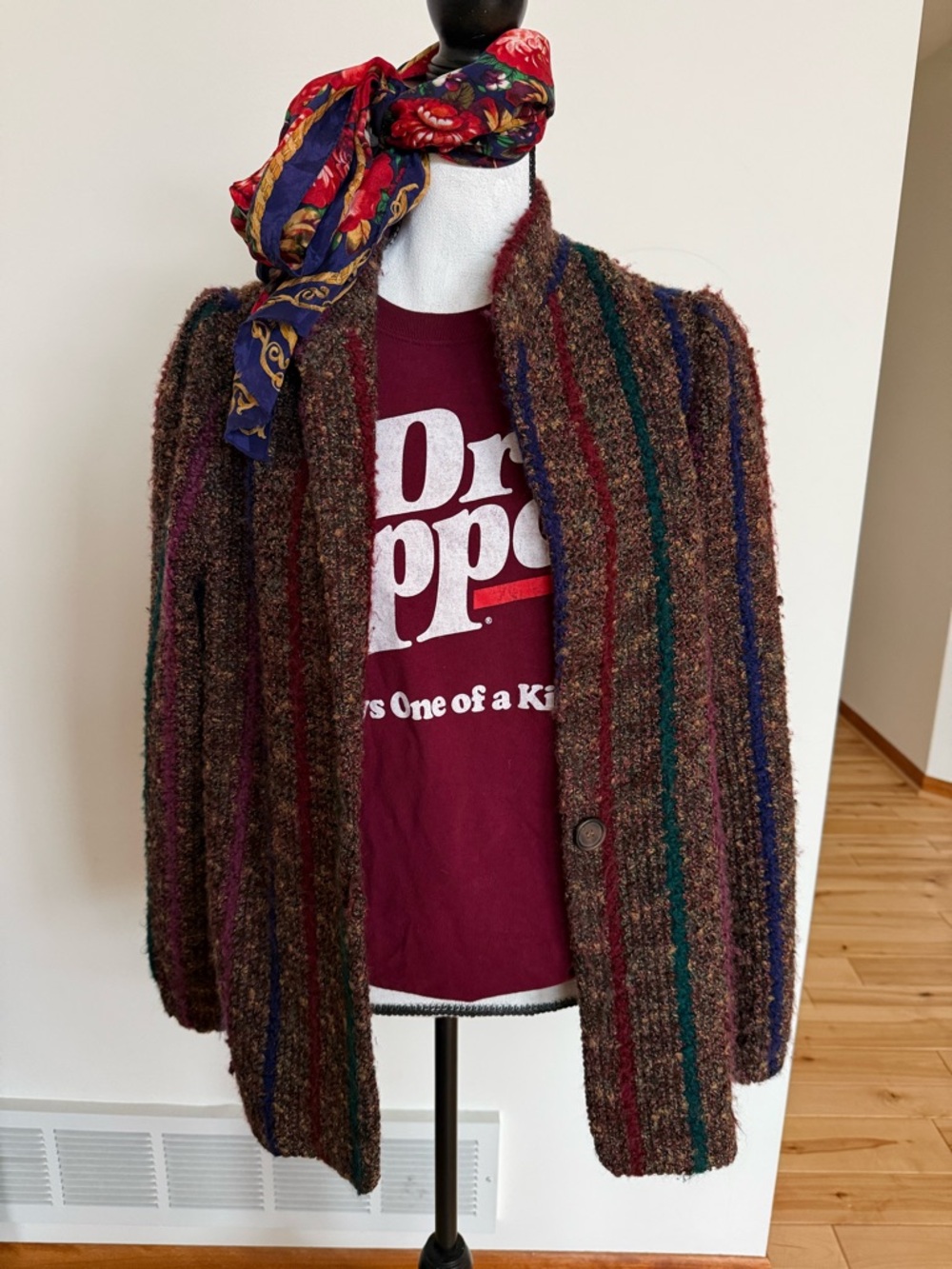Grandma core Textured Striped Bouclé Jacket with Jewel-Tone Scarf - Picture 2 of 10